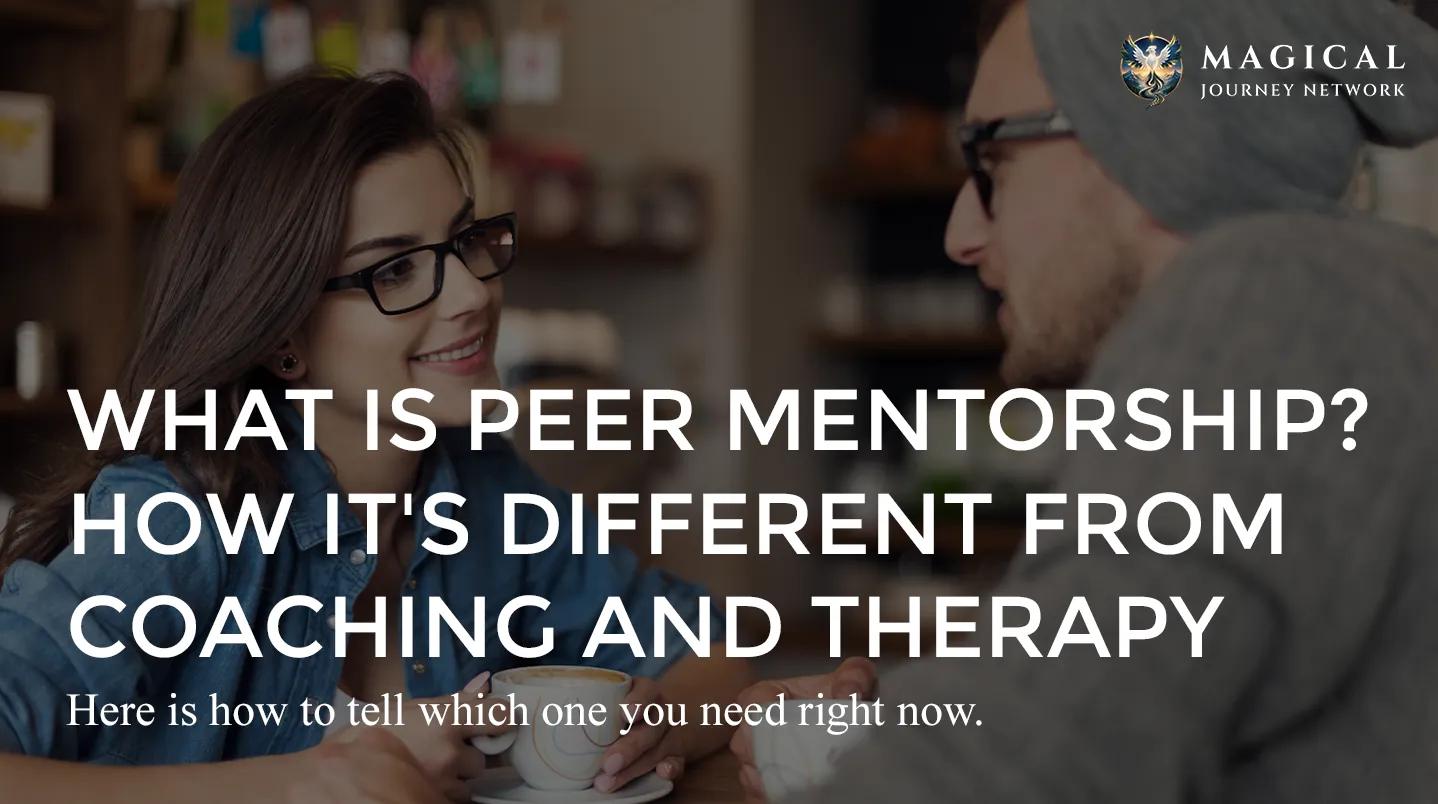 Two friends talking over coffee in a cafe, with the title What Is Peer Mentorship? How It's Different From Coaching and Therapy